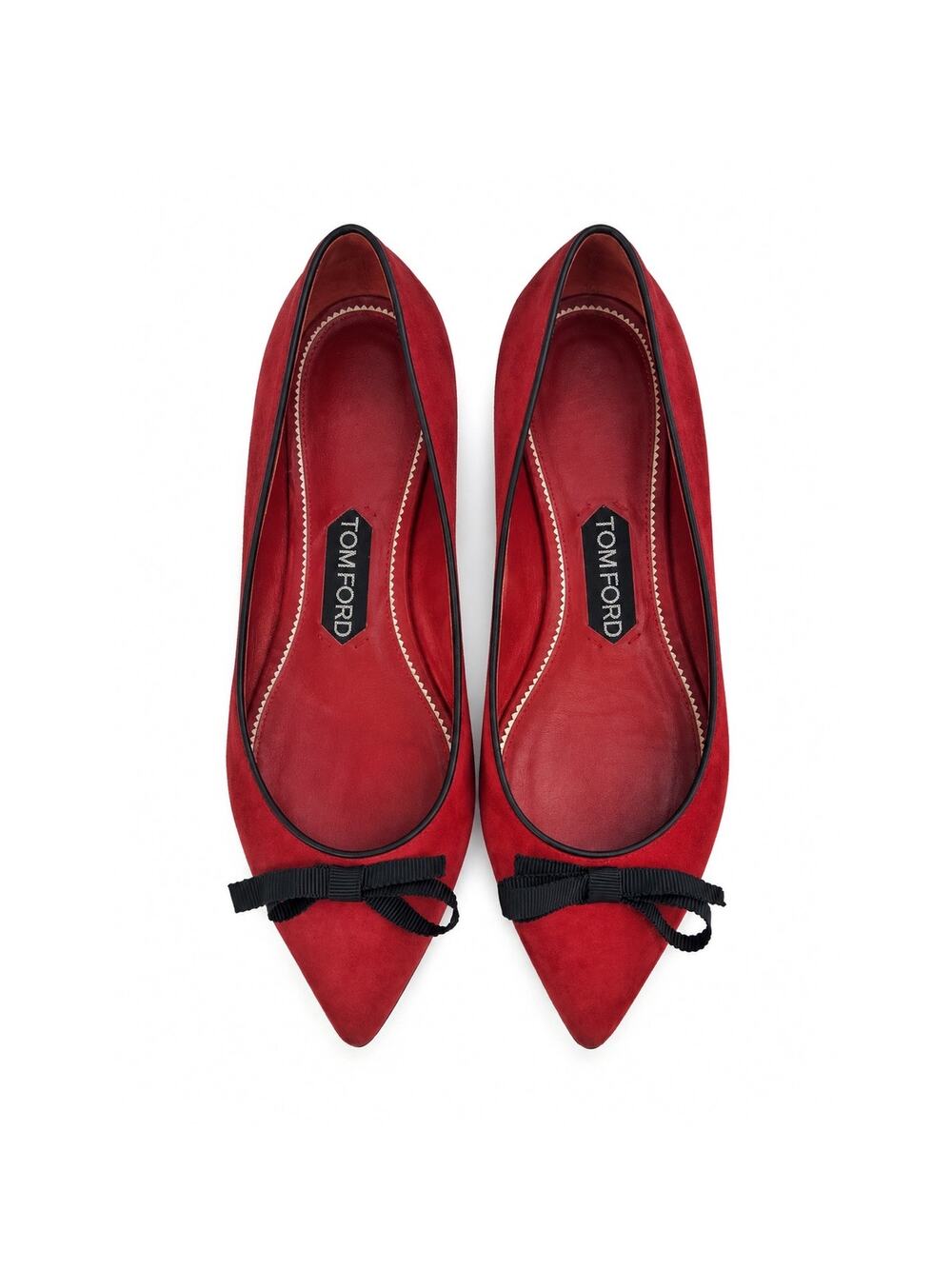 Tom Ford Red Suede Pointed Toe Ballet Flat with Black Bow Italian Designer Shoes